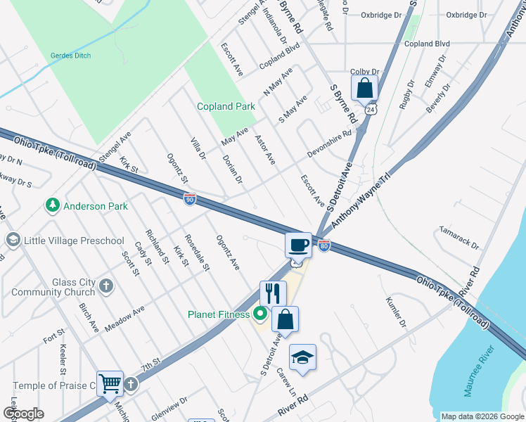 map of restaurants, bars, coffee shops, grocery stores, and more near 3233 Dorian Court in Toledo