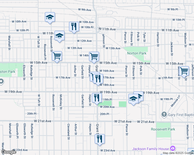 map of restaurants, bars, coffee shops, grocery stores, and more near 1601 West 17th Avenue in Gary