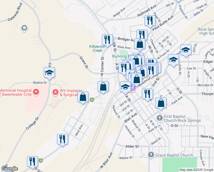 map of restaurants, bars, coffee shops, grocery stores, and more near 110 Thomas St in Rock Springs