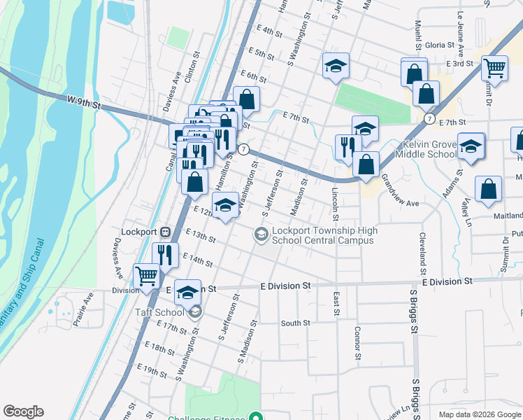 map of restaurants, bars, coffee shops, grocery stores, and more near 1107 South Jefferson Street in Lockport
