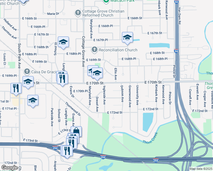 map of restaurants, bars, coffee shops, grocery stores, and more near 935 East 170th Street in South Holland