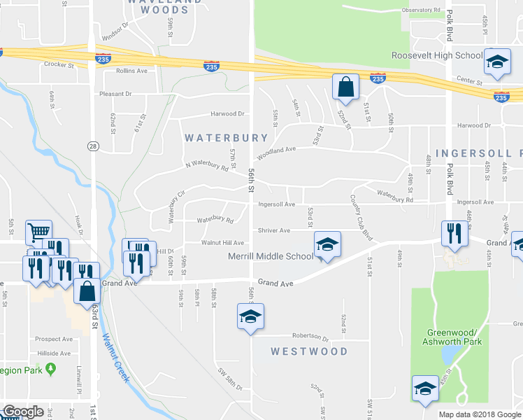 map of restaurants, bars, coffee shops, grocery stores, and more near 5508 Ingersoll Avenue in Des Moines