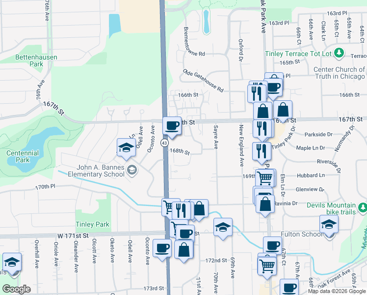 map of restaurants, bars, coffee shops, grocery stores, and more near 7132 168th Street in Tinley Park