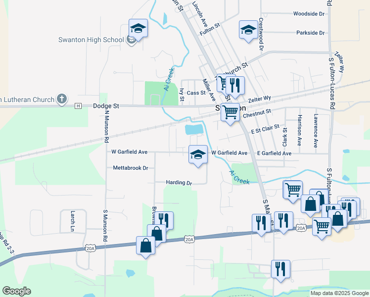 map of restaurants, bars, coffee shops, grocery stores, and more near 304 W Garfield Ave in Swanton