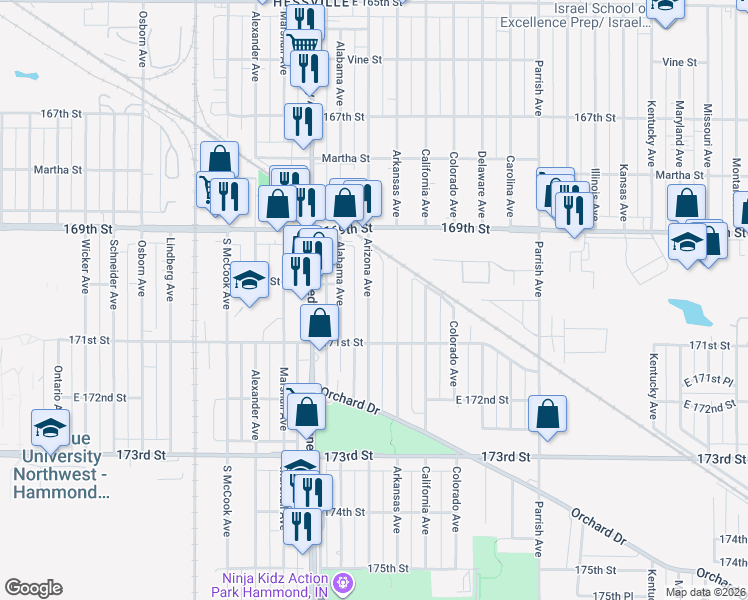 map of restaurants, bars, coffee shops, grocery stores, and more near 7015 Arizona Avenue in Hammond