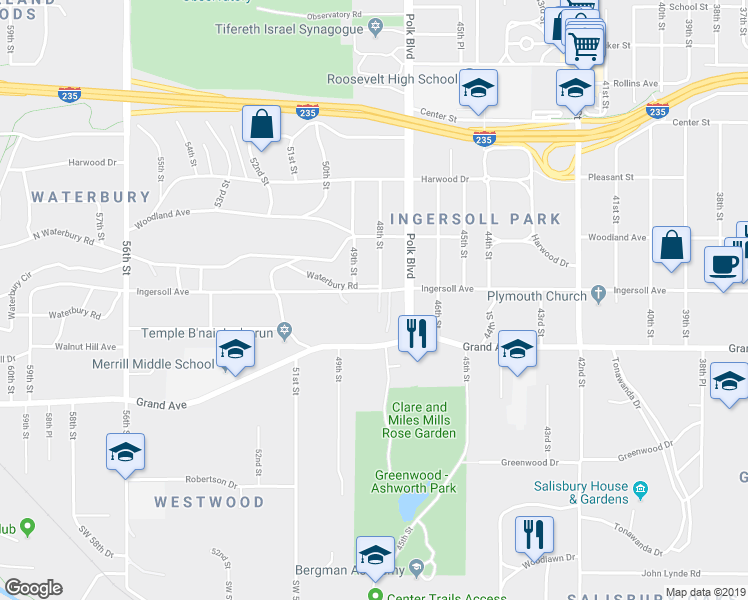 map of restaurants, bars, coffee shops, grocery stores, and more near 4810 Ingersoll Avenue in Des Moines