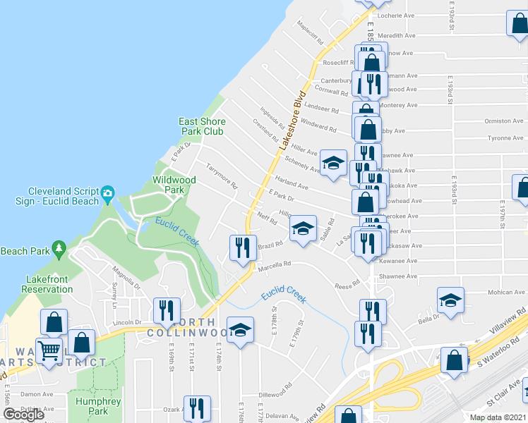 map of restaurants, bars, coffee shops, grocery stores, and more near 17715 Neff Road in Cleveland