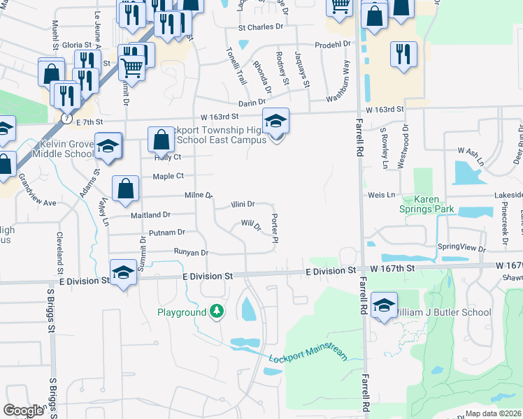 map of restaurants, bars, coffee shops, grocery stores, and more near 1239 Illini Drive in Lockport