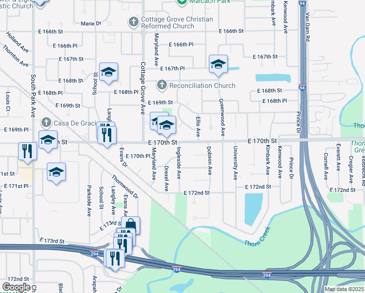 map of restaurants, bars, coffee shops, grocery stores, and more near 935 East 170th Street in South Holland