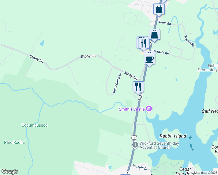 map of restaurants, bars, coffee shops, grocery stores, and more near 188 Burnt Cedar Drive in North Kingstown