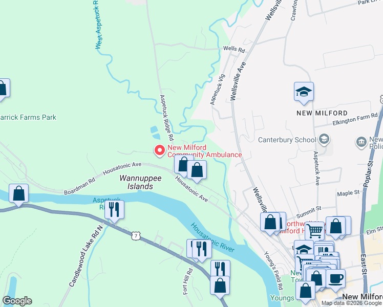 map of restaurants, bars, coffee shops, grocery stores, and more near 25 Glen Ridge Court in New Milford