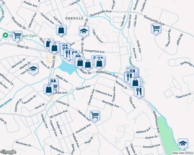 map of restaurants, bars, coffee shops, grocery stores, and more near 14 Clematis Avenue in Waterbury