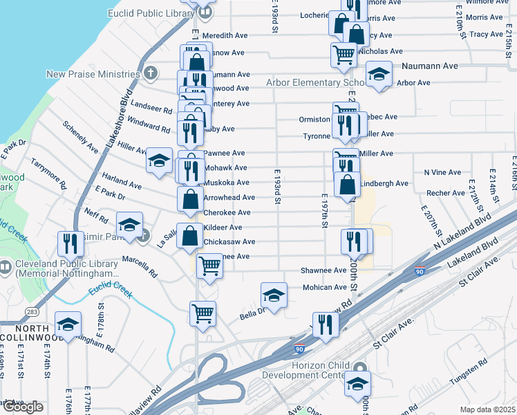 map of restaurants, bars, coffee shops, grocery stores, and more near 19011 Cherokee Ave in Cleveland