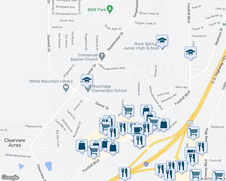 map of restaurants, bars, coffee shops, grocery stores, and more near 620 Rampart Drive in Rock Springs