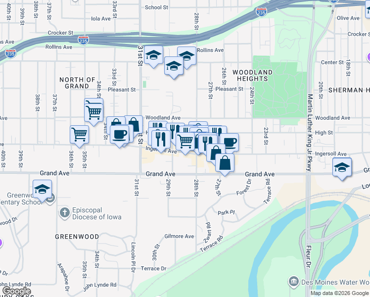 map of restaurants, bars, coffee shops, grocery stores, and more near 2819 Ingersoll Avenue in Des Moines