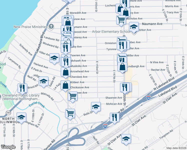map of restaurants, bars, coffee shops, grocery stores, and more near 19011 Cherokee Avenue in Cleveland