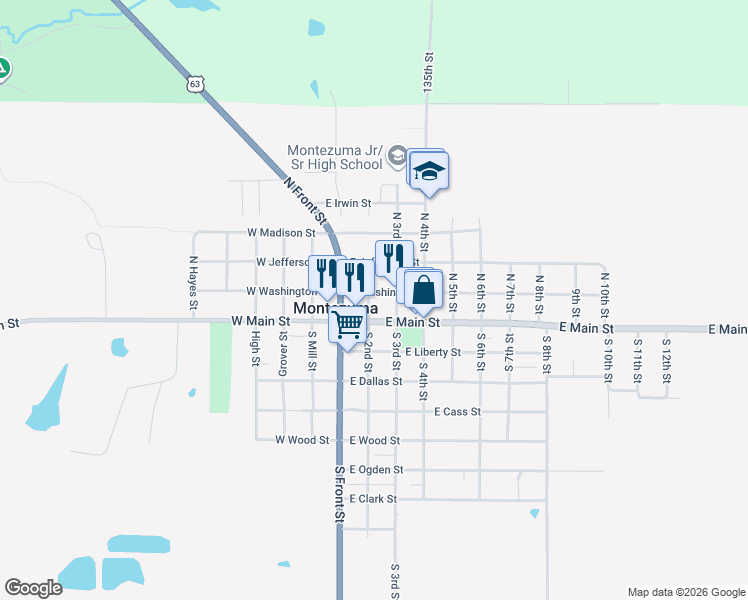 map of restaurants, bars, coffee shops, grocery stores, and more near 101-199 N 2nd St in Montezuma