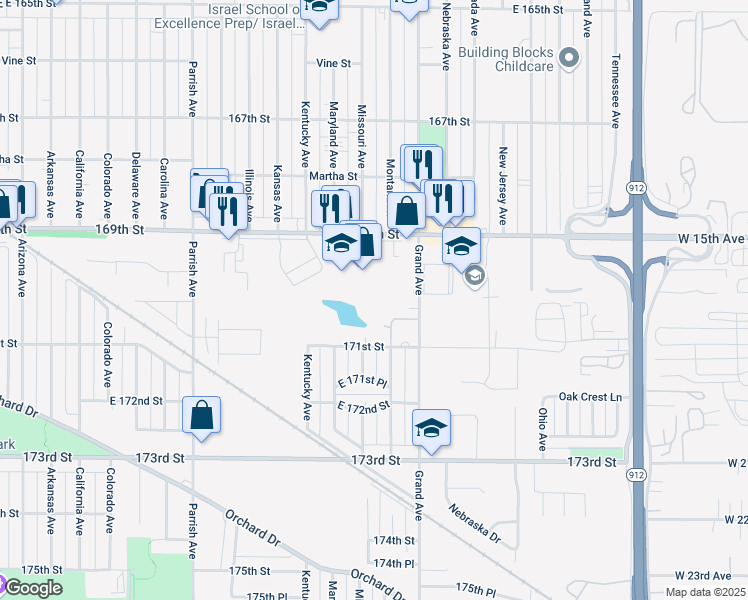 map of restaurants, bars, coffee shops, grocery stores, and more near 7018 Grand Avenue in Hammond