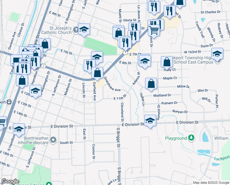 map of restaurants, bars, coffee shops, grocery stores, and more near 1041 Grandview Avenue in Lockport
