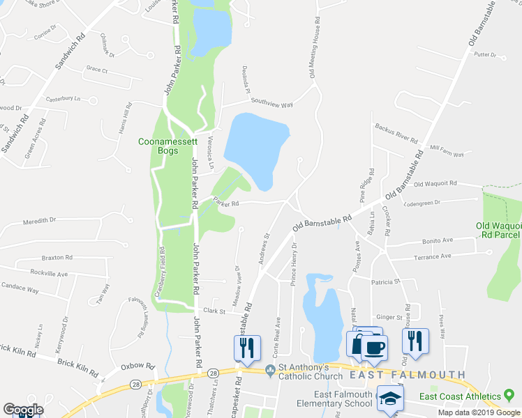 map of restaurants, bars, coffee shops, grocery stores, and more near 20 Parker Road in Falmouth