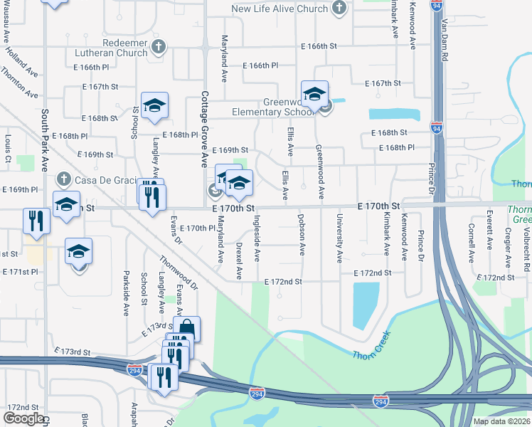 map of restaurants, bars, coffee shops, grocery stores, and more near 941 E 170th St in South Holland
