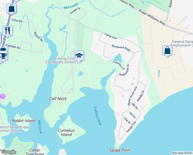 map of restaurants, bars, coffee shops, grocery stores, and more near 232 Fishing Cove Road in North Kingstown