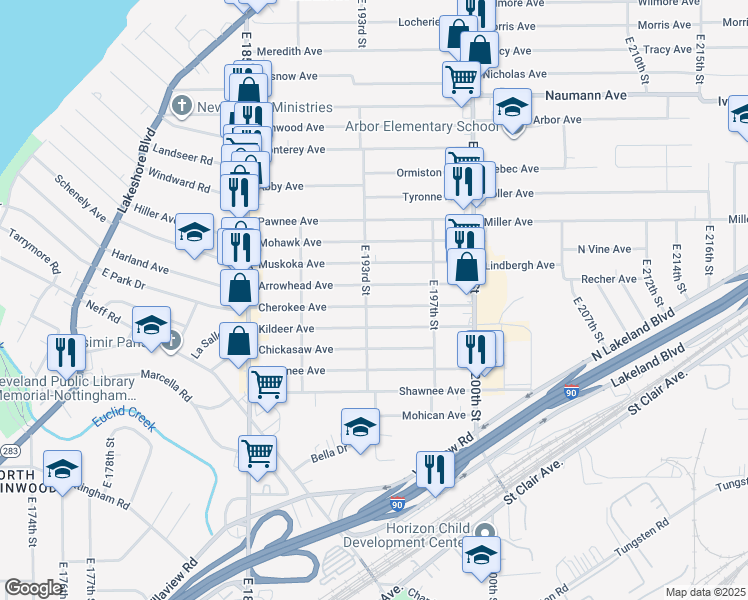 map of restaurants, bars, coffee shops, grocery stores, and more near 19307 Cherokee Ave in Cleveland