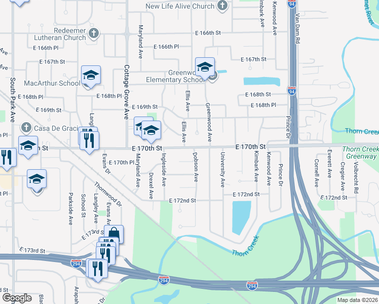map of restaurants, bars, coffee shops, grocery stores, and more near 1013 East 170th Street in South Holland