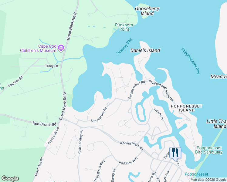 map of restaurants, bars, coffee shops, grocery stores, and more near 102 Summersea Road in Mashpee