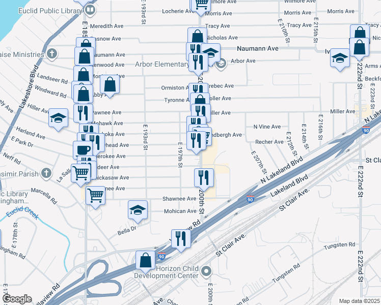 map of restaurants, bars, coffee shops, grocery stores, and more near 19709 Cherokee Avenue in Cleveland