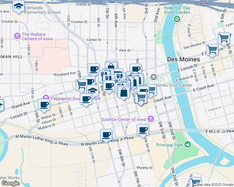 map of restaurants, bars, coffee shops, grocery stores, and more near 699 Walnut Street in Des Moines