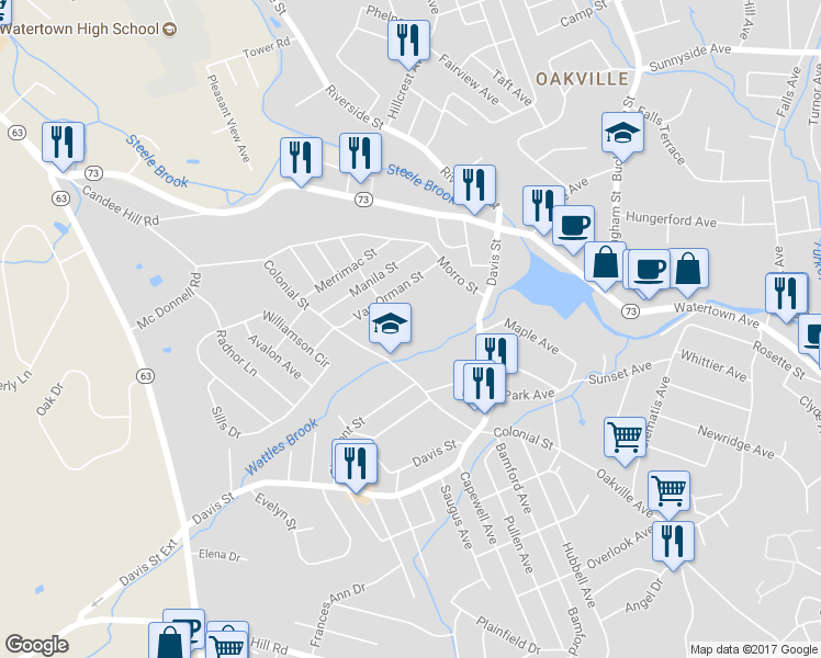 map of restaurants, bars, coffee shops, grocery stores, and more near 250 Colonial Street in Watertown