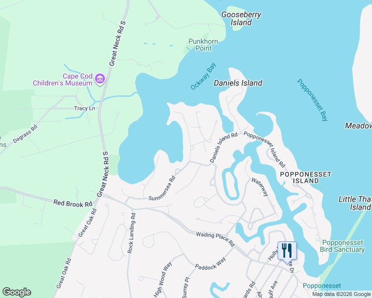 map of restaurants, bars, coffee shops, grocery stores, and more near 102 Summersea Road in Mashpee