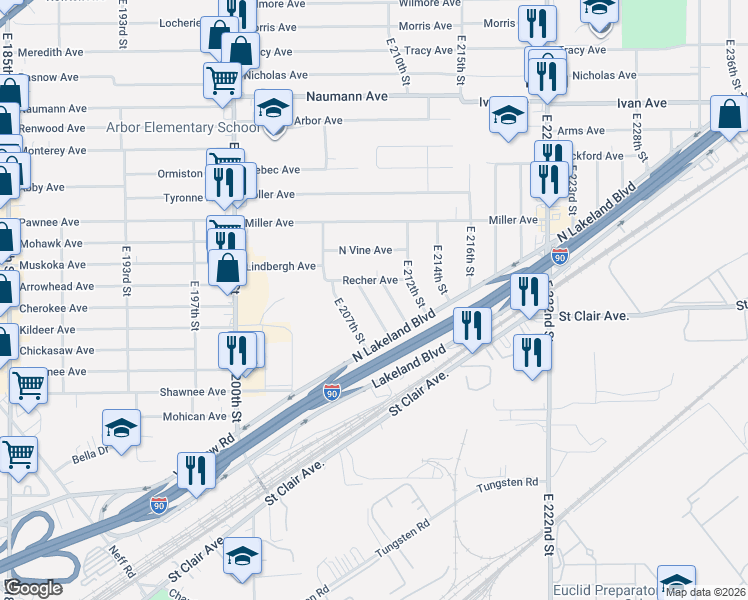 map of restaurants, bars, coffee shops, grocery stores, and more near 867 East 209th Street in Euclid