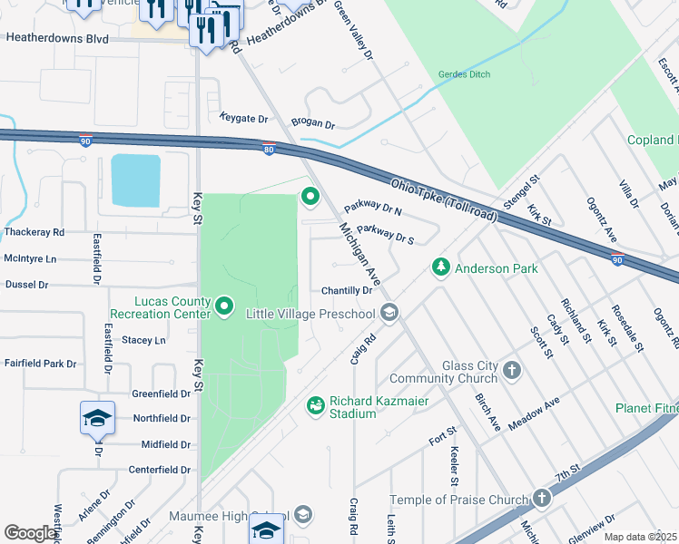 map of restaurants, bars, coffee shops, grocery stores, and more near 1321 Antietam Court in Maumee