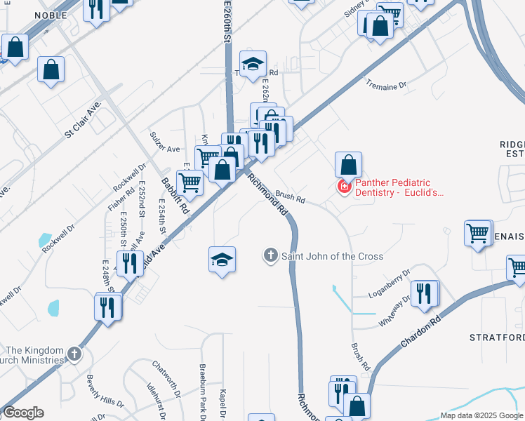 map of restaurants, bars, coffee shops, grocery stores, and more near 100 Richmond Road in Cleveland