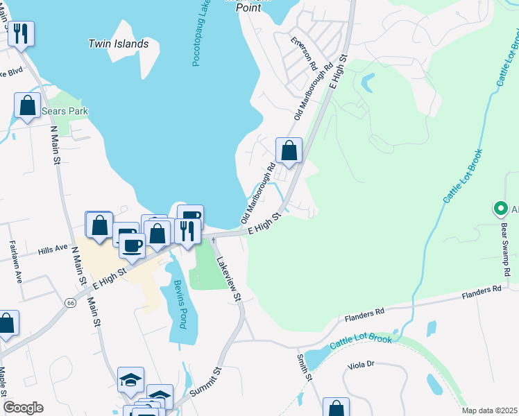 map of restaurants, bars, coffee shops, grocery stores, and more near 10 Old Marlborough Road in East Hampton