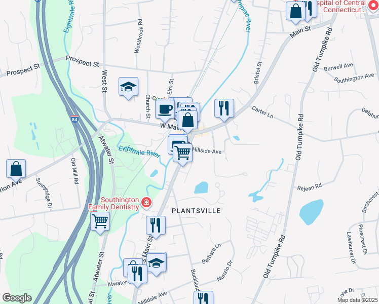 map of restaurants, bars, coffee shops, grocery stores, and more near 799 Main Street in Meriden