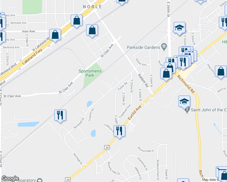 map of restaurants, bars, coffee shops, grocery stores, and more near 24830 Fisher Road in Euclid