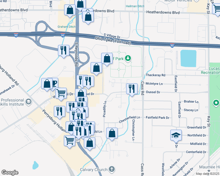 map of restaurants, bars, coffee shops, grocery stores, and more near 302 Wrexham Lane in Maumee