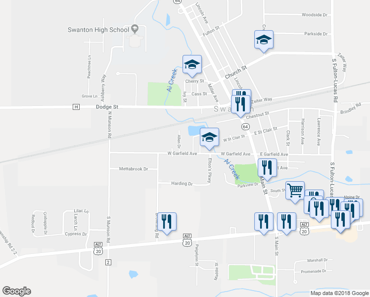 map of restaurants, bars, coffee shops, grocery stores, and more near 304 West Garfield Avenue in Swanton