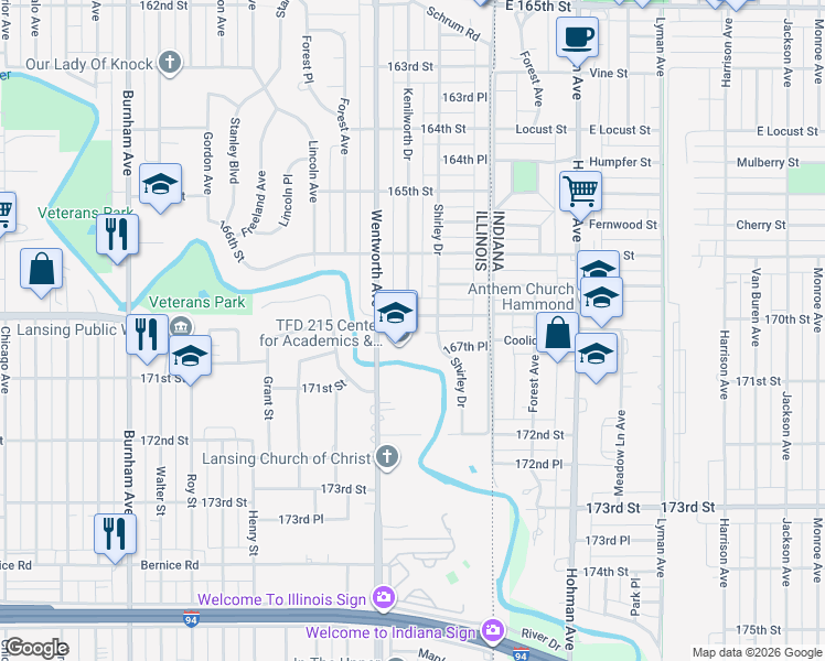 map of restaurants, bars, coffee shops, grocery stores, and more near 1608 Shirley Drive in Calumet City