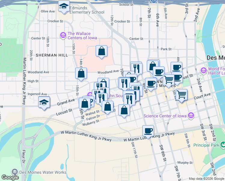 map of restaurants, bars, coffee shops, grocery stores, and more near 1100 Grand Avenue in Des Moines