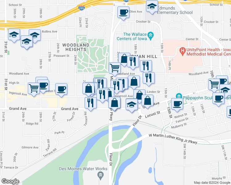 map of restaurants, bars, coffee shops, grocery stores, and more near 1905 Ingersoll Avenue in Des Moines