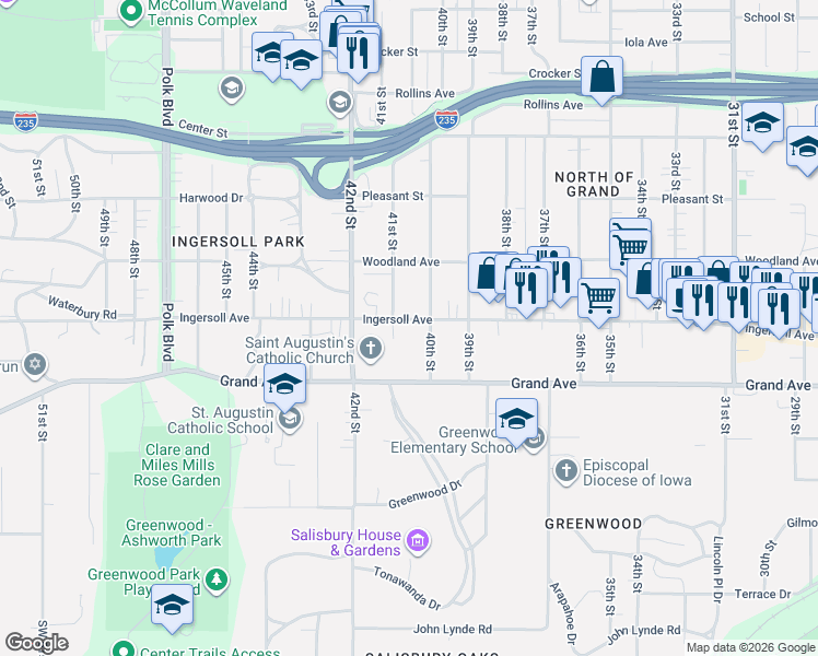 map of restaurants, bars, coffee shops, grocery stores, and more near 4018 Ingersoll Avenue in Des Moines