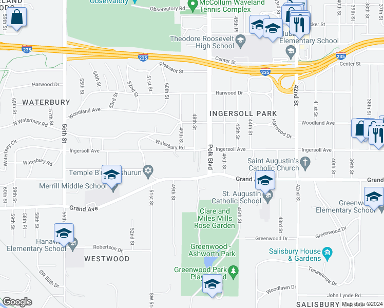 map of restaurants, bars, coffee shops, grocery stores, and more near 4730 Ingersoll Avenue in Des Moines