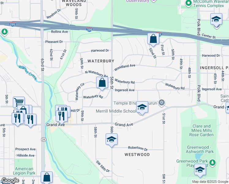 map of restaurants, bars, coffee shops, grocery stores, and more near 5508 Ingersoll Avenue in Des Moines