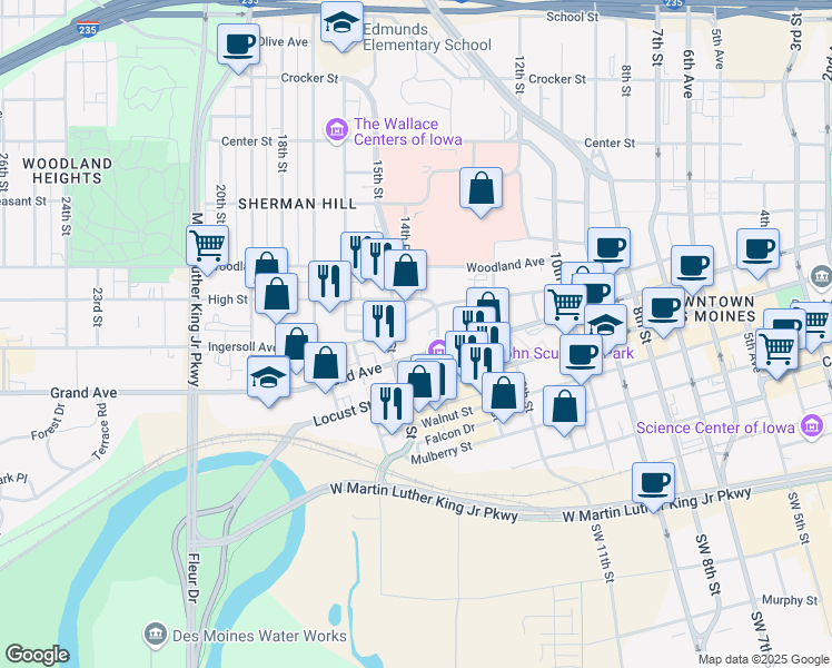map of restaurants, bars, coffee shops, grocery stores, and more near 1459 Grand Avenue in Des Moines