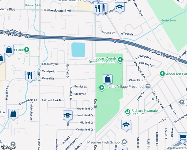 map of restaurants, bars, coffee shops, grocery stores, and more near 1809 Key Street in Maumee
