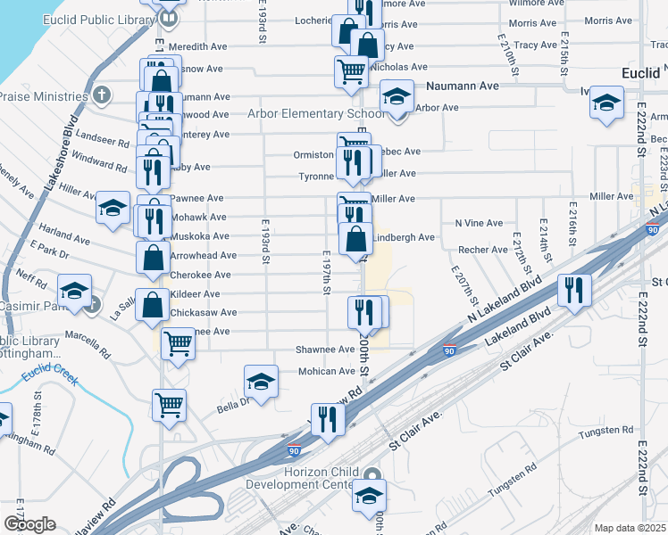 map of restaurants, bars, coffee shops, grocery stores, and more near 19709 Cherokee Ave in Cleveland